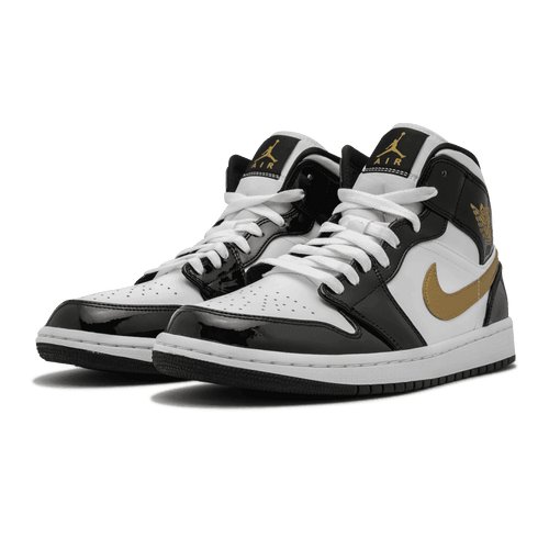 Jordan 1 Mid Patent Black White Gold